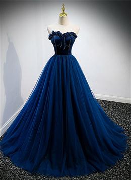 Picture of Navy Blue Velvet Top and Tulle Long Formal Dresses, Blue Sweetheart Prom Dresses